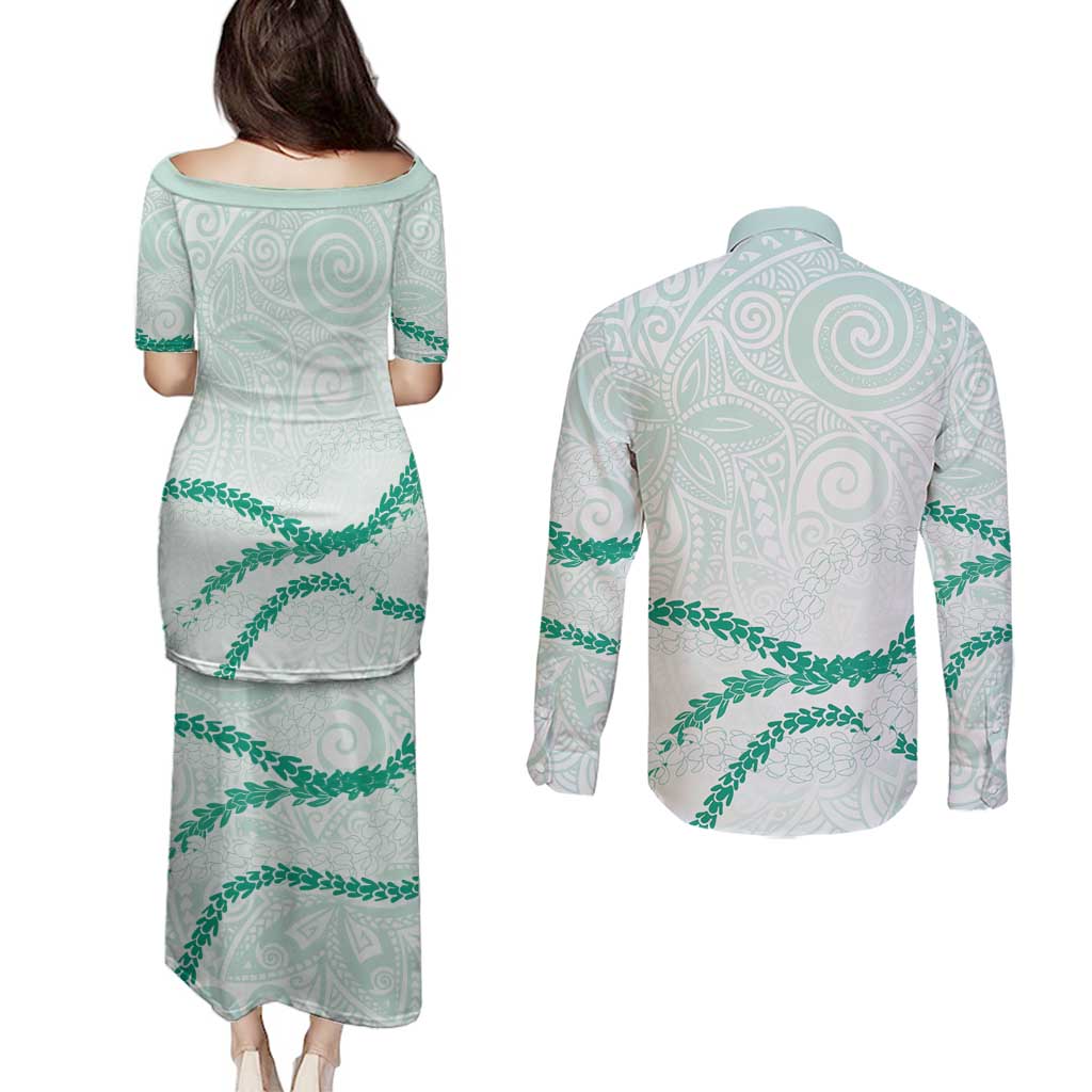 Aloha Lei Mikioi Couples Matching Puletasi and Long Sleeve Button Shirt Sage Green Polynesian Tribal Tatau Pattern LT9 - Polynesian Pride