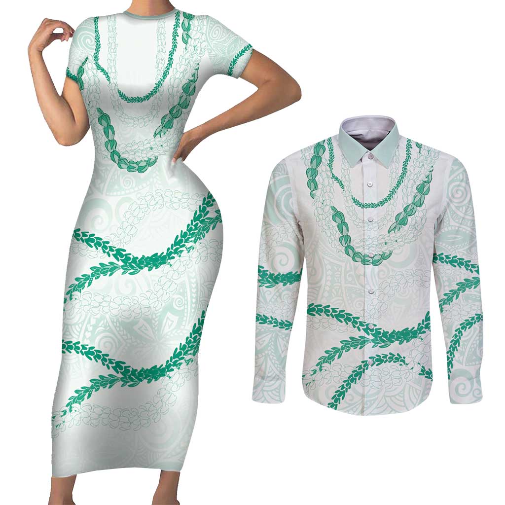 Aloha Lei Mikioi Couples Matching Short Sleeve Bodycon Dress and Long Sleeve Button Shirt Sage Green Polynesian Tribal Tatau Pattern LT9 Green - Polynesian Pride