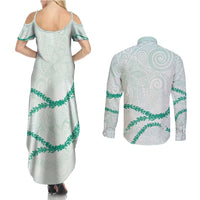 Aloha Lei Mikioi Couples Matching Summer Maxi Dress and Long Sleeve Button Shirt Sage Green Polynesian Tribal Tatau Pattern LT9 - Polynesian Pride
