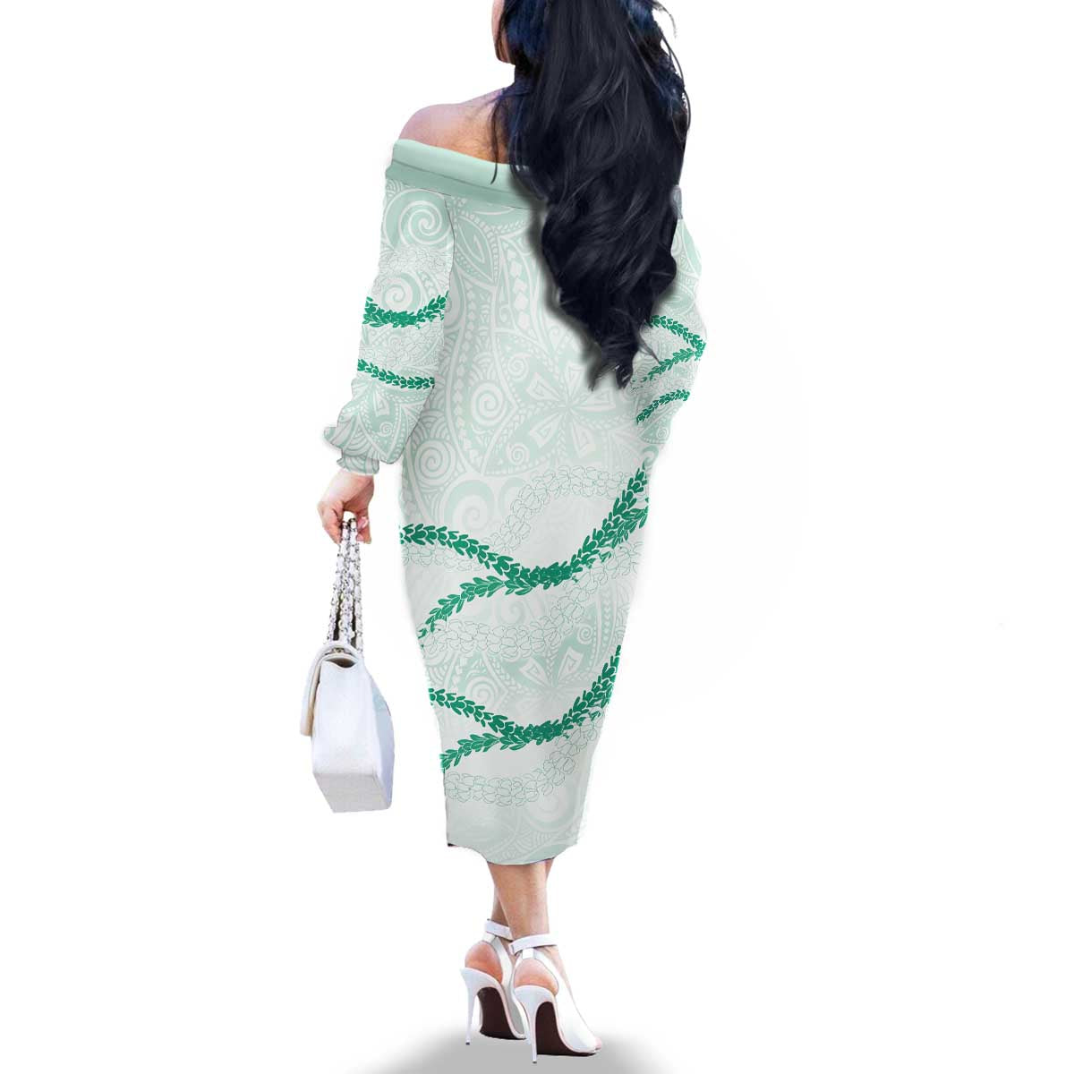 Aloha Lei Mikioi Family Matching Off The Shoulder Long Sleeve Dress and Hawaiian Shirt Sage Green Polynesian Tribal Tatau Pattern