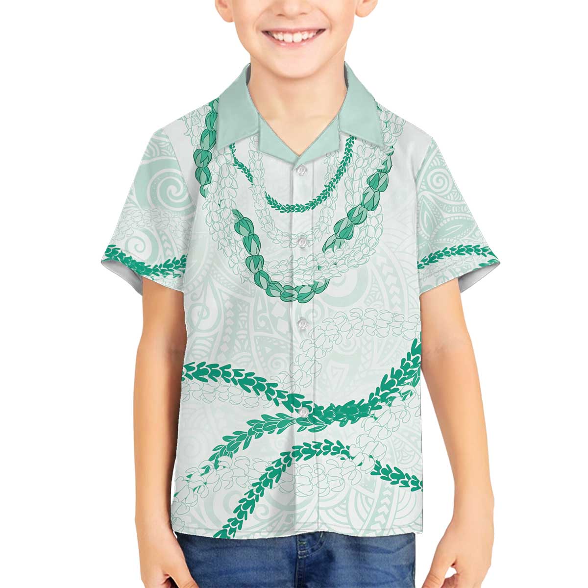 Aloha Lei Mikioi Family Matching Off The Shoulder Long Sleeve Dress and Hawaiian Shirt Sage Green Polynesian Tribal Tatau Pattern