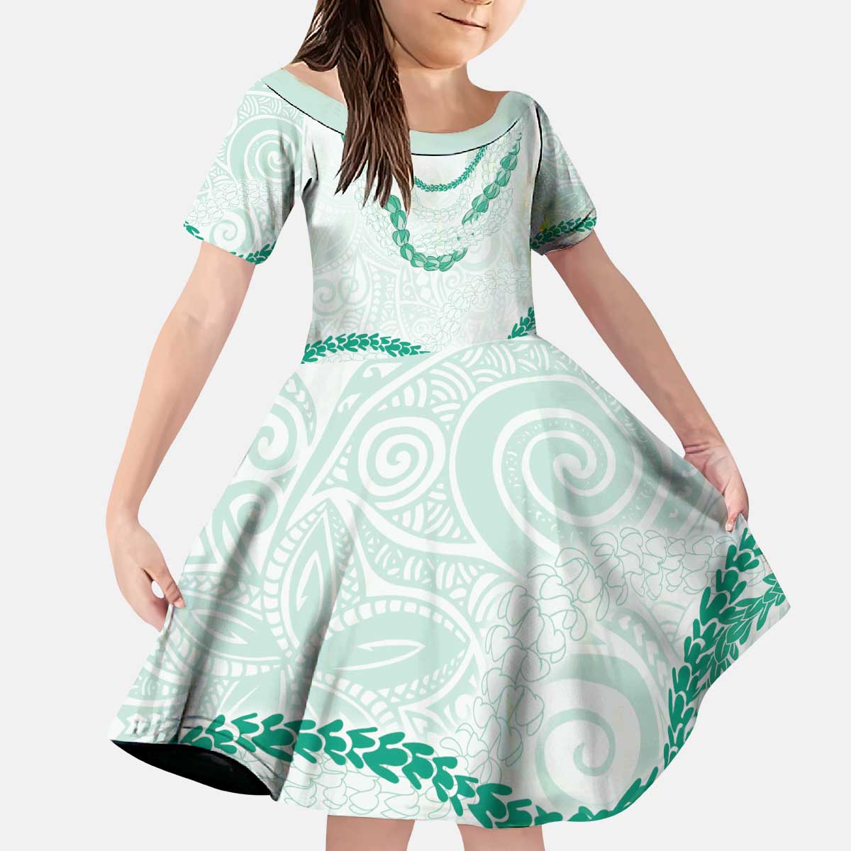 Aloha Lei Mikioi Kid Short Sleeve Dress Sage Green Polynesian Tribal Tatau Pattern LT9 KID Green - Polynesian Pride
