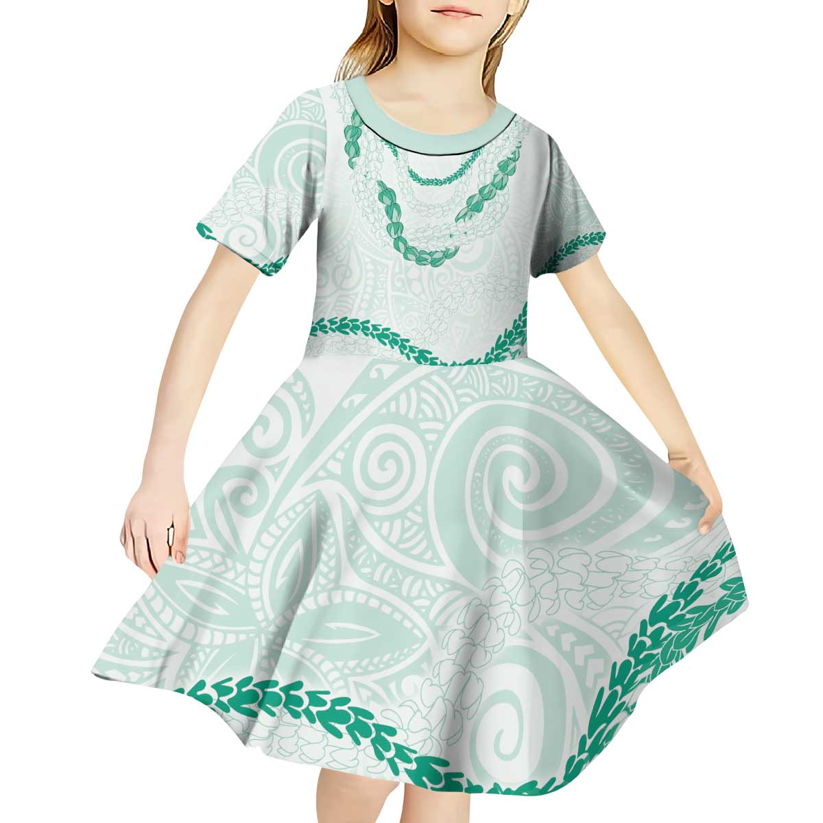Aloha Lei Mikioi Kid Short Sleeve Dress Sage Green Polynesian Tribal Tatau Pattern LT9 - Polynesian Pride