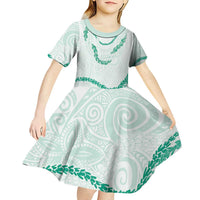 Aloha Lei Mikioi Kid Short Sleeve Dress Sage Green Polynesian Tribal Tatau Pattern LT9 - Polynesian Pride