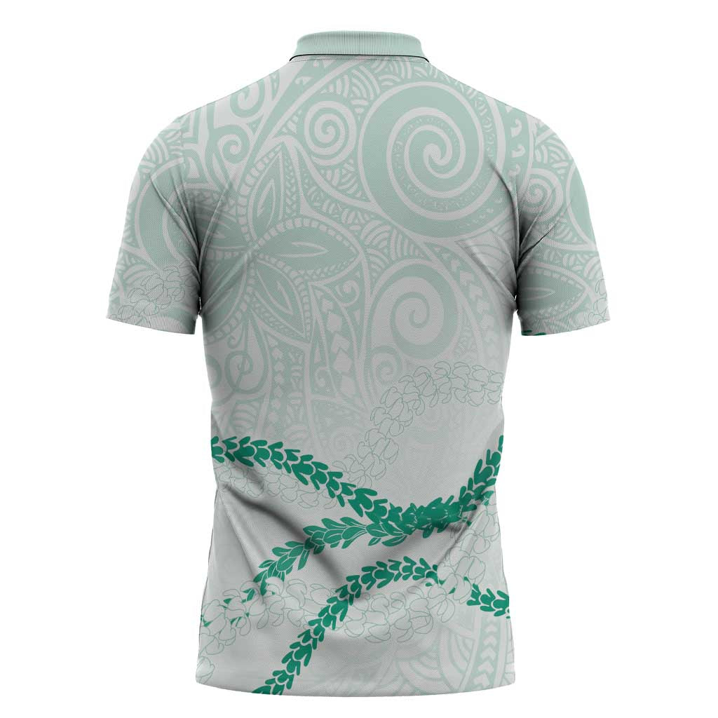 Aloha Lei Mikioi Zipper Polo Shirt Sage Green Polynesian Tribal Tatau Pattern LT9 - Polynesian Pride