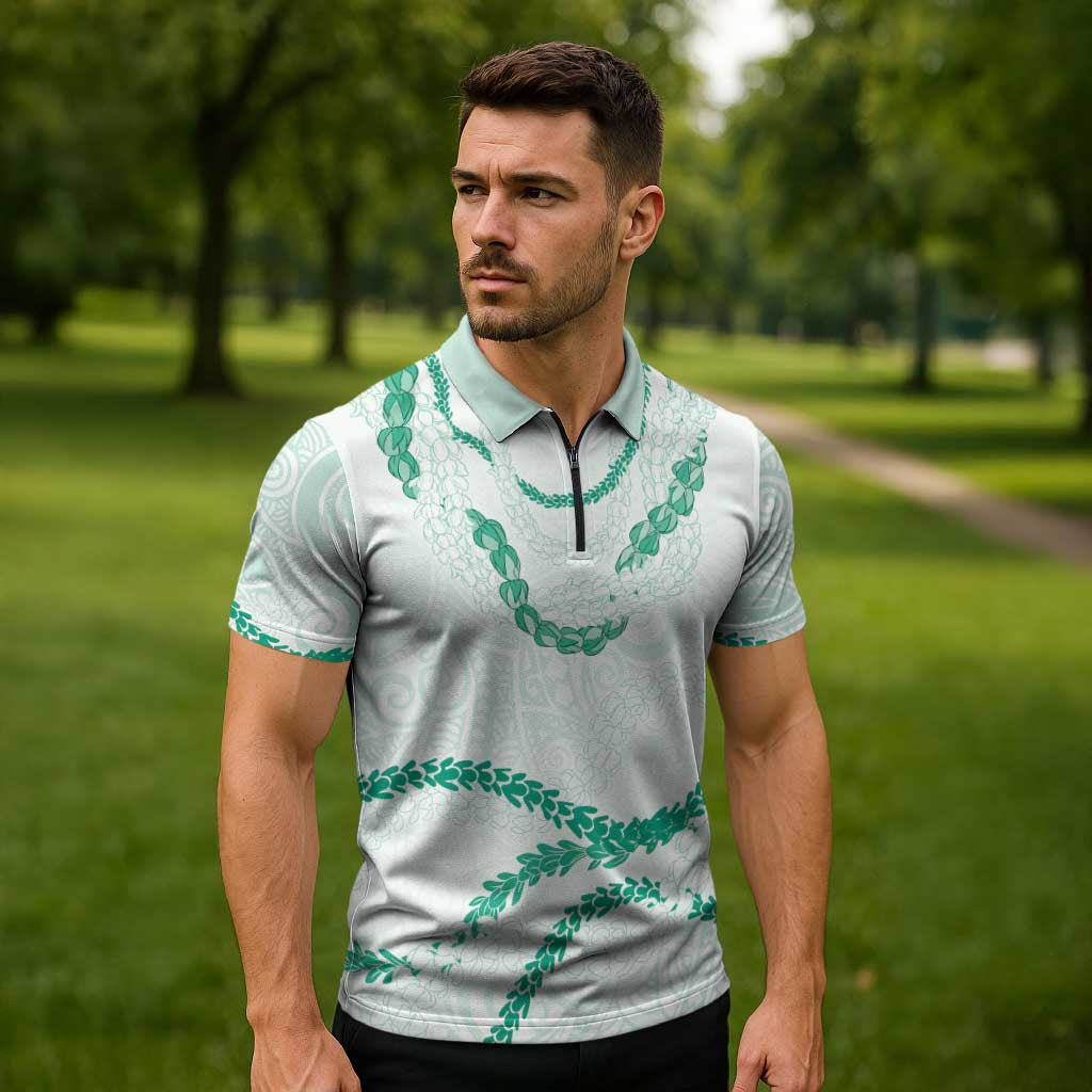 Aloha Lei Mikioi Zipper Polo Shirt Sage Green Polynesian Tribal Tatau Pattern LT9 - Polynesian Pride
