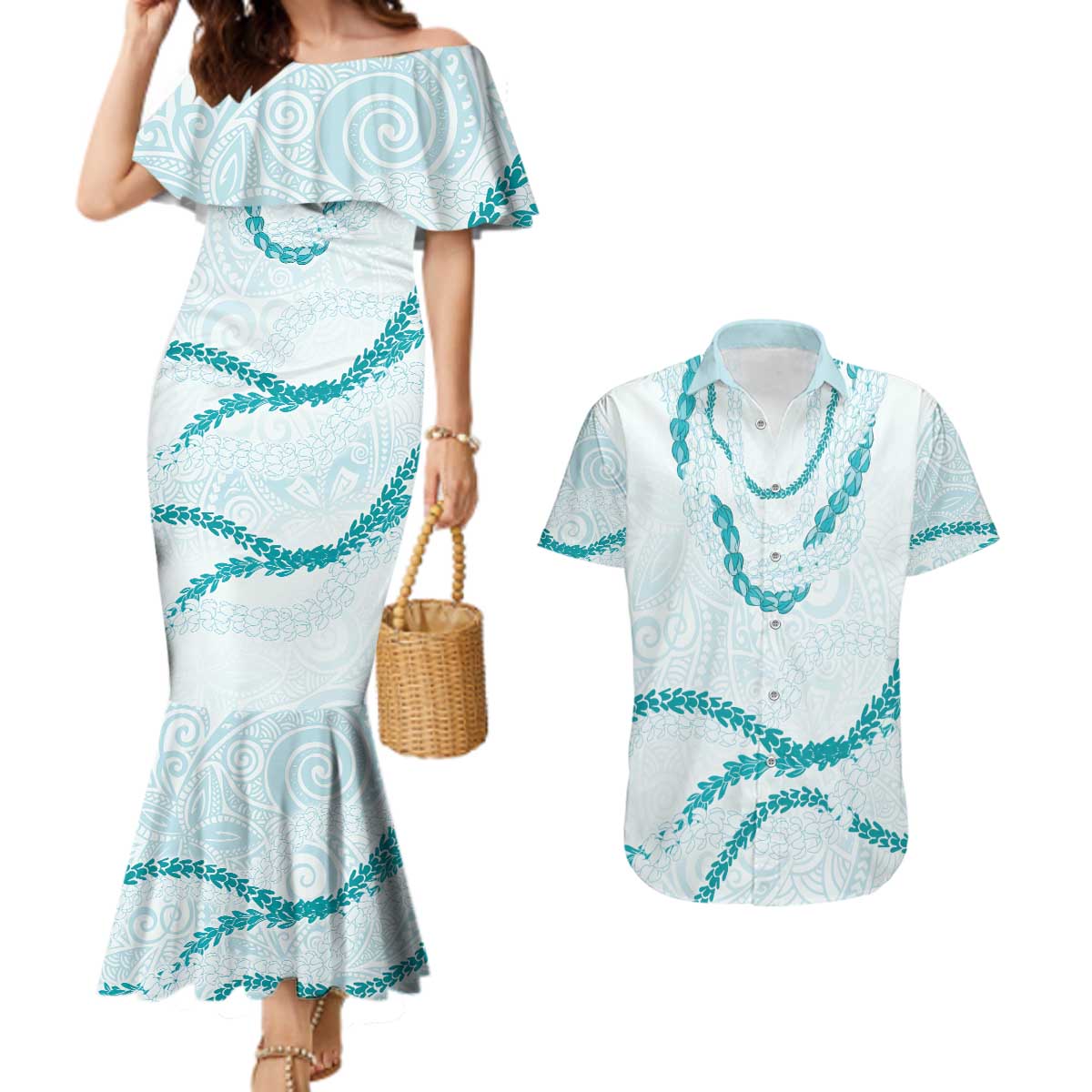 Aloha Lei Mikioi Couples Matching Mermaid Dress and Hawaiian Shirt Teal Polynesian Tribal Tatau Pattern LT9 Teal - Polynesian Pride
