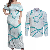 Aloha Lei Mikioi Couples Matching Off Shoulder Maxi Dress and Long Sleeve Button Shirt Teal Polynesian Tribal Tatau Pattern LT9 Teal - Polynesian Pride