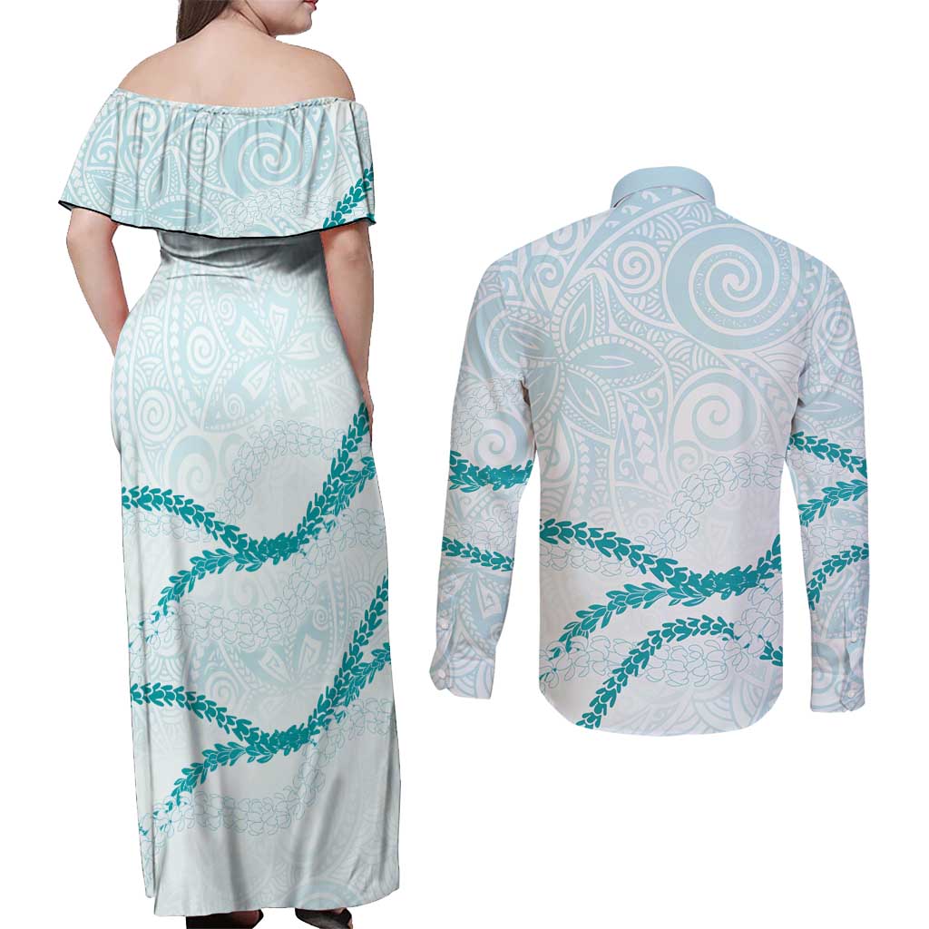 Aloha Lei Mikioi Couples Matching Off Shoulder Maxi Dress and Long Sleeve Button Shirt Teal Polynesian Tribal Tatau Pattern LT9 - Polynesian Pride