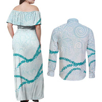 Aloha Lei Mikioi Couples Matching Off Shoulder Maxi Dress and Long Sleeve Button Shirt Teal Polynesian Tribal Tatau Pattern LT9 - Polynesian Pride