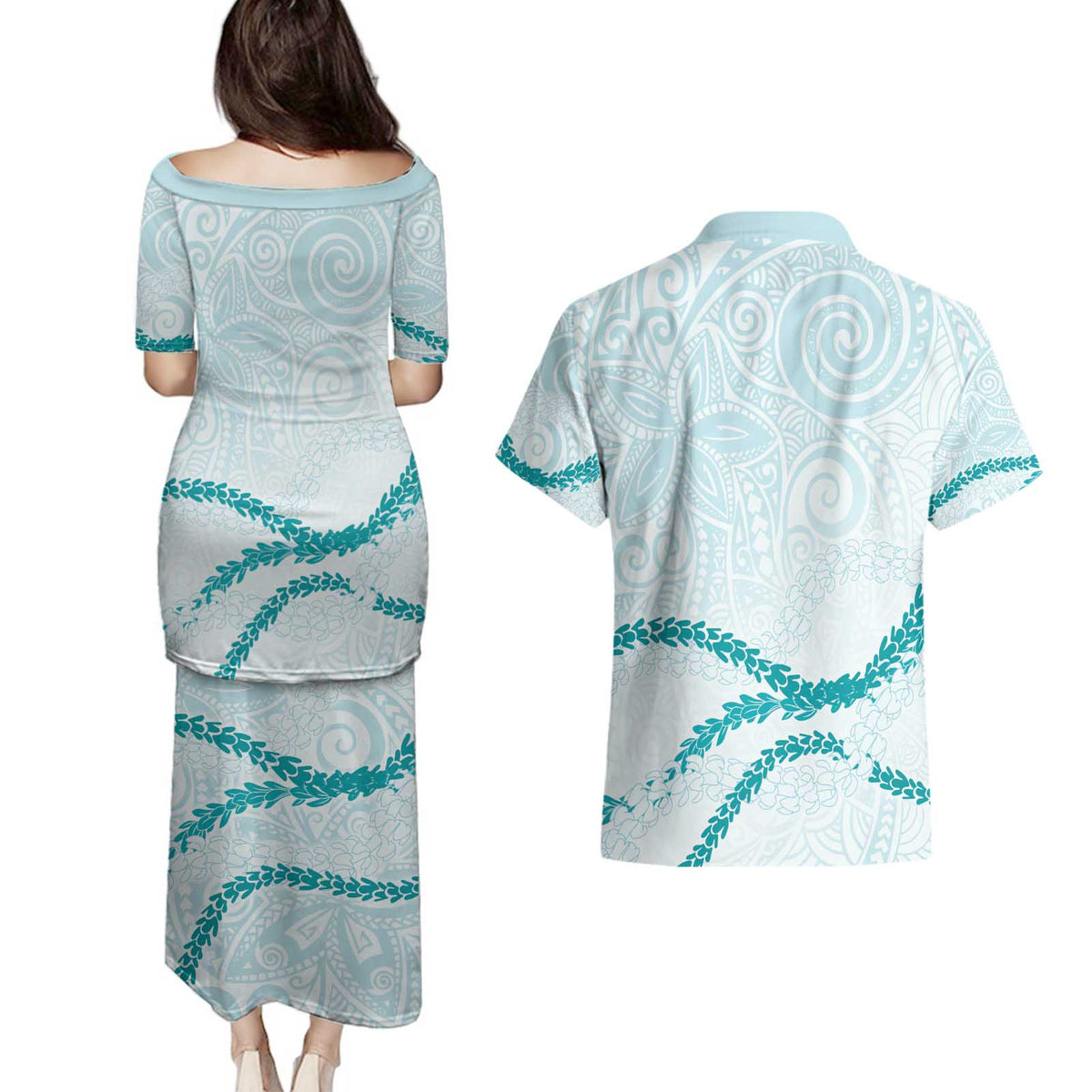 Aloha Lei Mikioi Couples Matching Puletasi and Hawaiian Shirt Teal Polynesian Tribal Tatau Pattern LT9 - Polynesian Pride