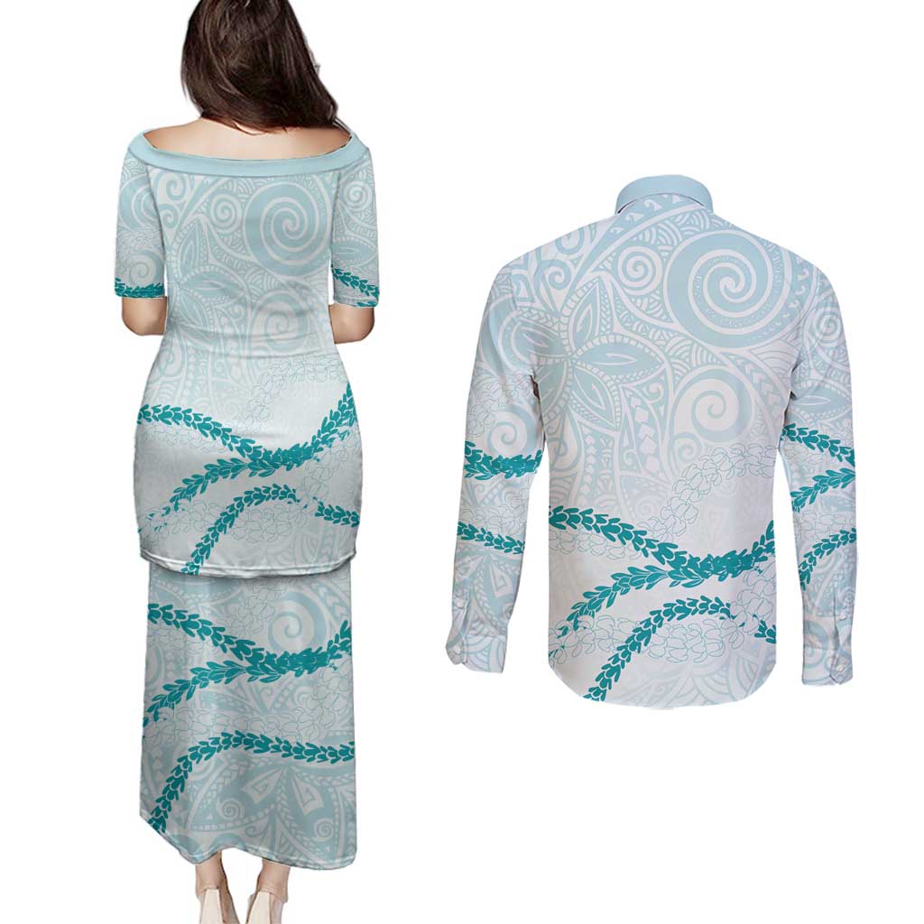 Aloha Lei Mikioi Couples Matching Puletasi and Long Sleeve Button Shirt Teal Polynesian Tribal Tatau Pattern LT9 - Polynesian Pride