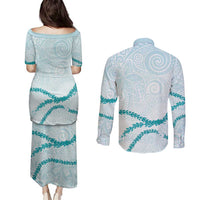 Aloha Lei Mikioi Couples Matching Puletasi and Long Sleeve Button Shirt Teal Polynesian Tribal Tatau Pattern LT9 - Polynesian Pride