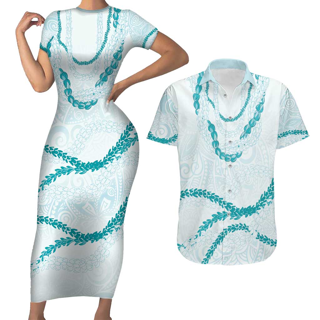 Aloha Lei Mikioi Couples Matching Short Sleeve Bodycon Dress and Hawaiian Shirt Teal Polynesian Tribal Tatau Pattern LT9 Teal - Polynesian Pride
