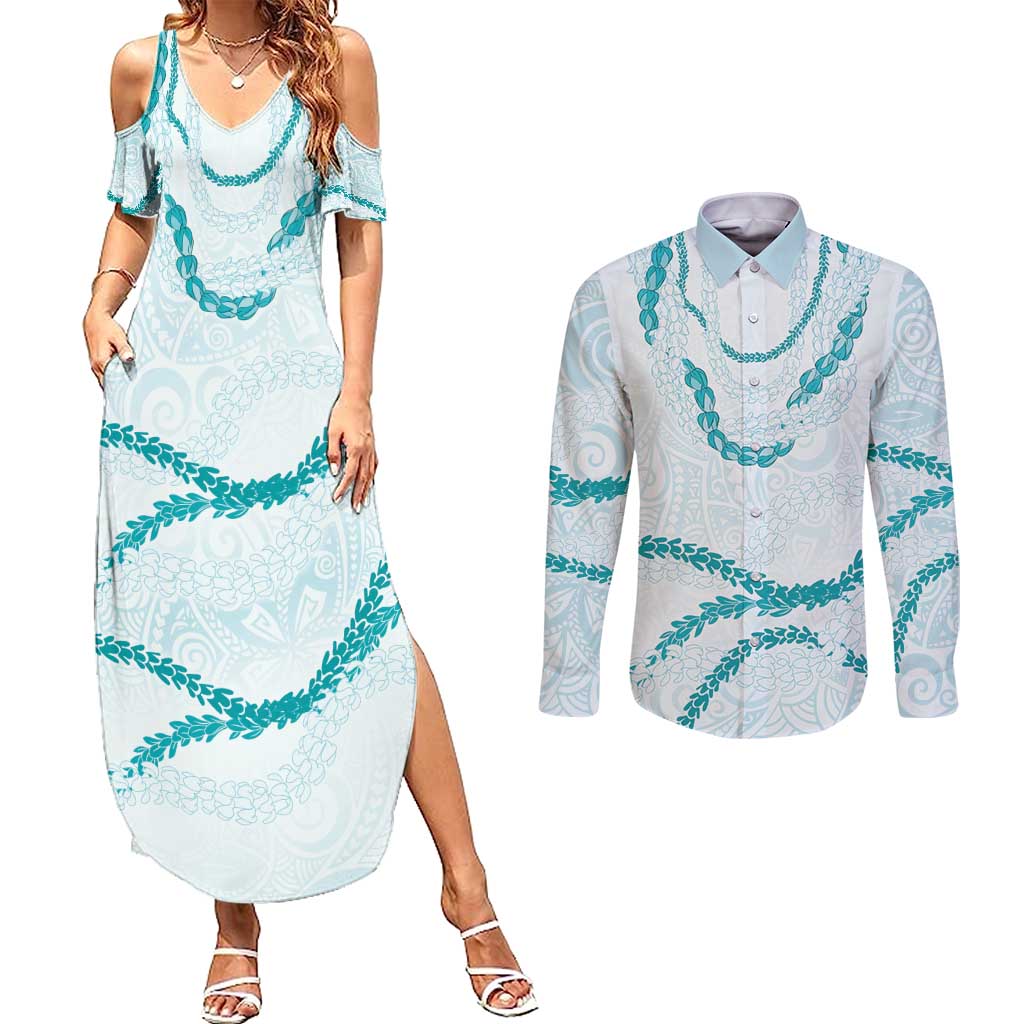 Aloha Lei Mikioi Couples Matching Summer Maxi Dress and Long Sleeve Button Shirt Teal Polynesian Tribal Tatau Pattern LT9 Teal - Polynesian Pride