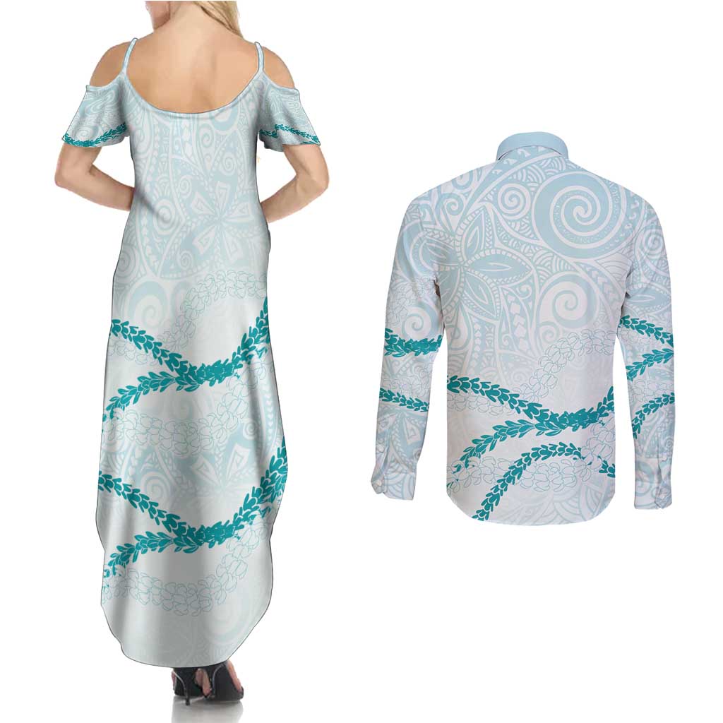 Aloha Lei Mikioi Couples Matching Summer Maxi Dress and Long Sleeve Button Shirt Teal Polynesian Tribal Tatau Pattern LT9 - Polynesian Pride