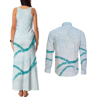 Aloha Lei Mikioi Couples Matching Tank Maxi Dress and Long Sleeve Button Shirt Teal Polynesian Tribal Tatau Pattern LT9 - Polynesian Pride