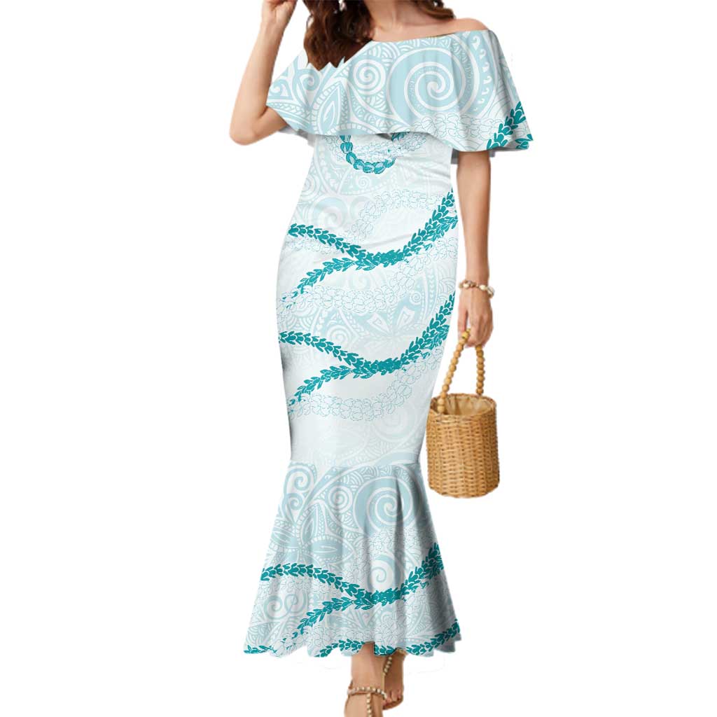 Aloha Lei Mikioi Family Matching Mermaid Dress and Hawaiian Shirt Teal Polynesian Tribal Tatau Pattern