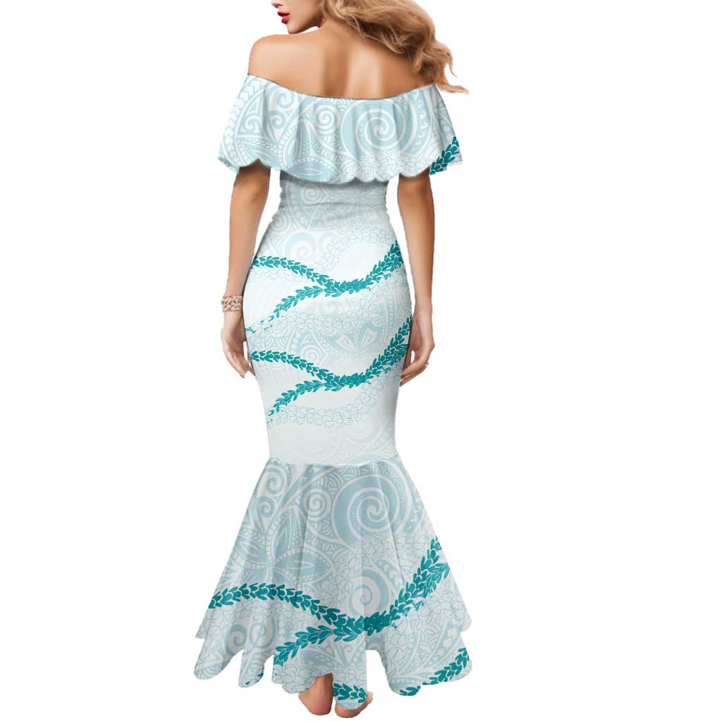 Aloha Lei Mikioi Family Matching Mermaid Dress and Hawaiian Shirt Teal Polynesian Tribal Tatau Pattern