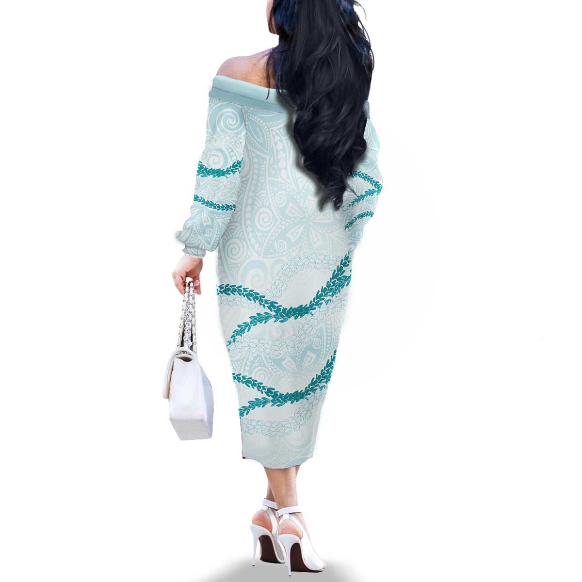 Aloha Lei Mikioi Family Matching Off The Shoulder Long Sleeve Dress and Hawaiian Shirt Teal Polynesian Tribal Tatau Pattern