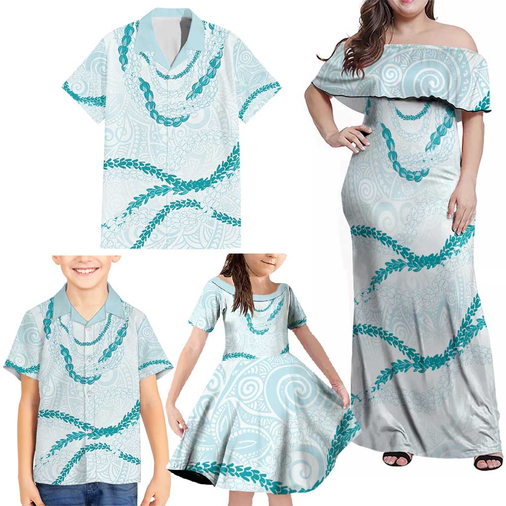 Aloha Lei Mikioi Family Matching Off Shoulder Maxi Dress and Hawaiian Shirt Teal Polynesian Tribal Tatau Pattern LT9 - Polynesian Pride