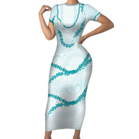 Aloha Lei Mikioi Family Matching Short Sleeve Bodycon Dress and Hawaiian Shirt Teal Polynesian Tribal Tatau Pattern