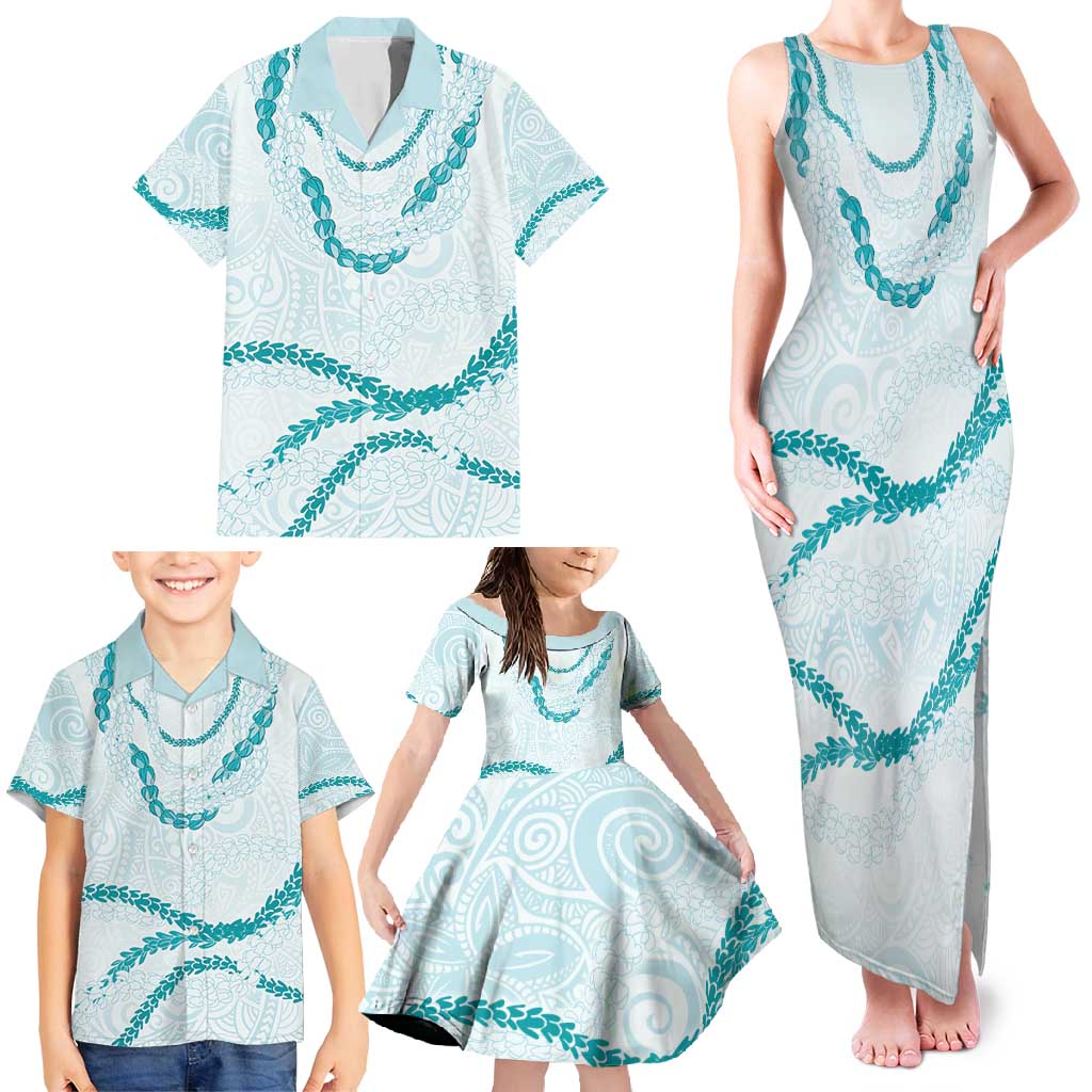 Aloha Lei Mikioi Family Matching Tank Maxi Dress and Hawaiian Shirt Teal Polynesian Tribal Tatau Pattern LT9 - Polynesian Pride