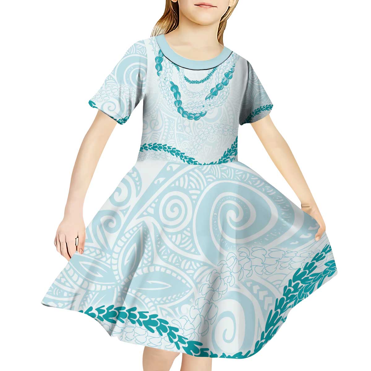 Aloha Lei Mikioi Kid Short Sleeve Dress Teal Polynesian Tribal Tatau Pattern LT9 - Polynesian Pride