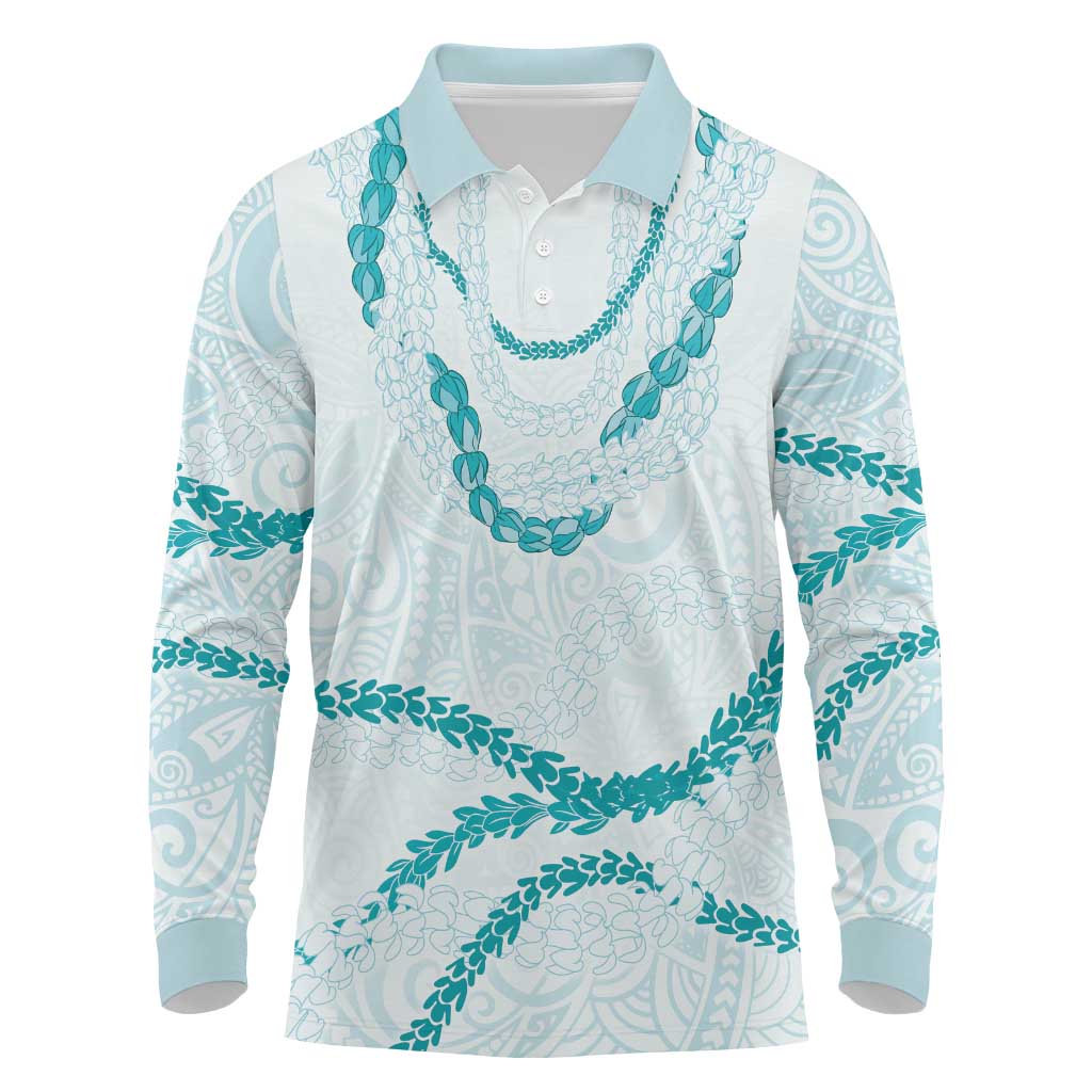 Aloha Lei Mikioi Long Sleeve Polo Shirt Teal Polynesian Tribal Tatau Pattern