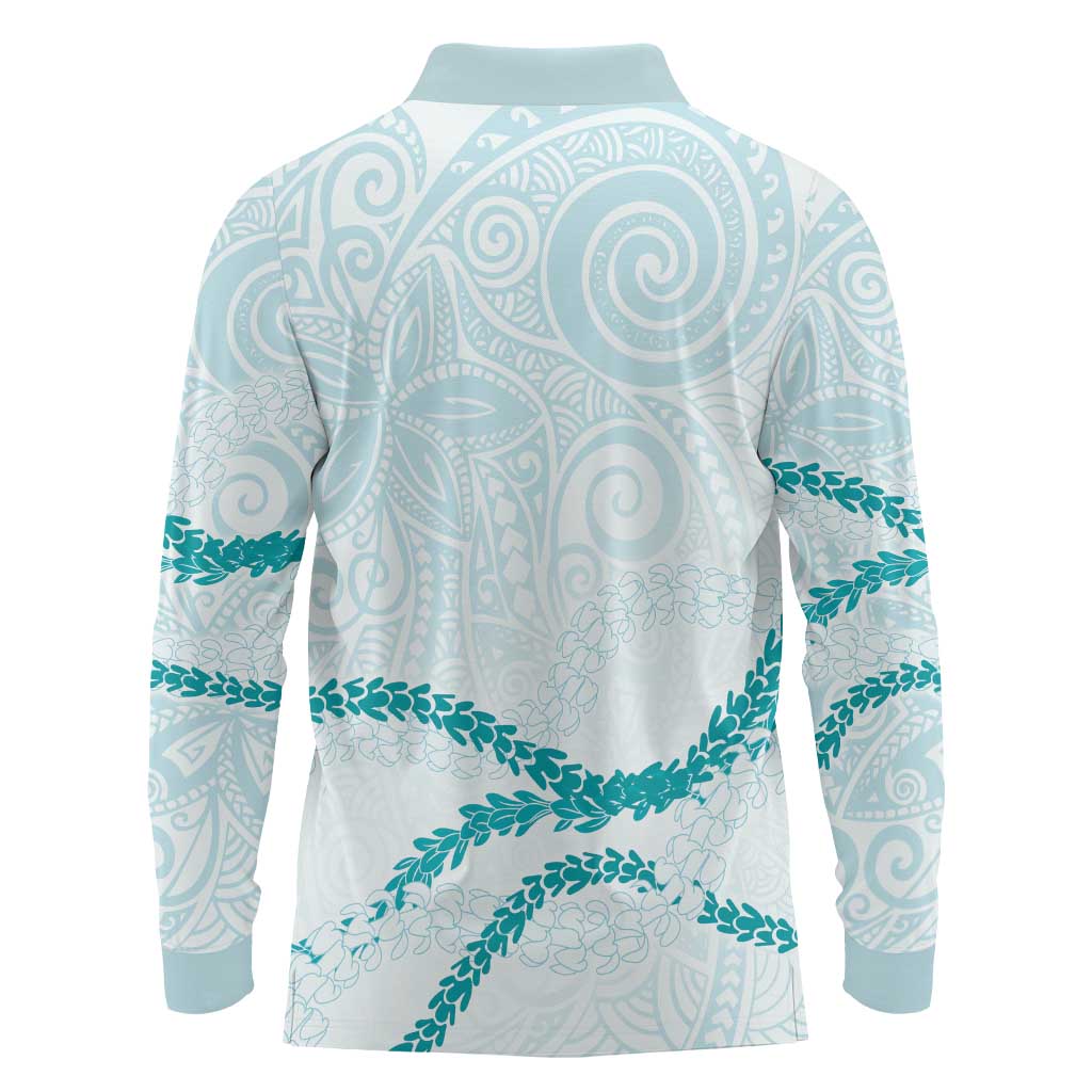 Aloha Lei Mikioi Long Sleeve Polo Shirt Teal Polynesian Tribal Tatau Pattern