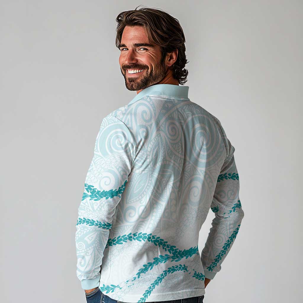 Aloha Lei Mikioi Long Sleeve Polo Shirt Teal Polynesian Tribal Tatau Pattern
