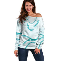Aloha Lei Mikioi Off Shoulder Sweater Teal Polynesian Tribal Tatau Pattern
