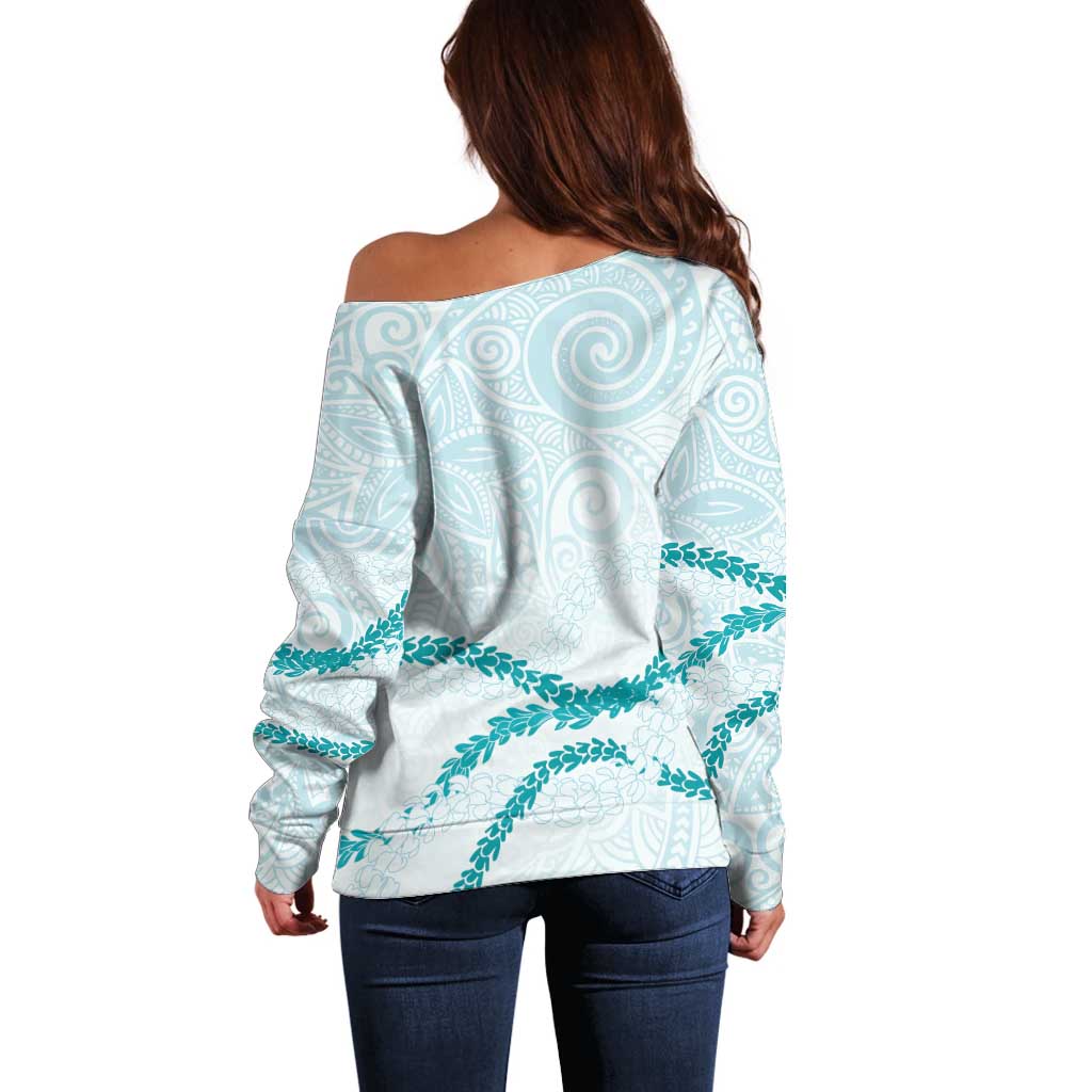 Aloha Lei Mikioi Off Shoulder Sweater Teal Polynesian Tribal Tatau Pattern