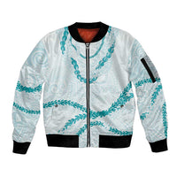 Aloha Lei Mikioi Sleeve Zip Bomber Jacket Teal Polynesian Tribal Tatau Pattern