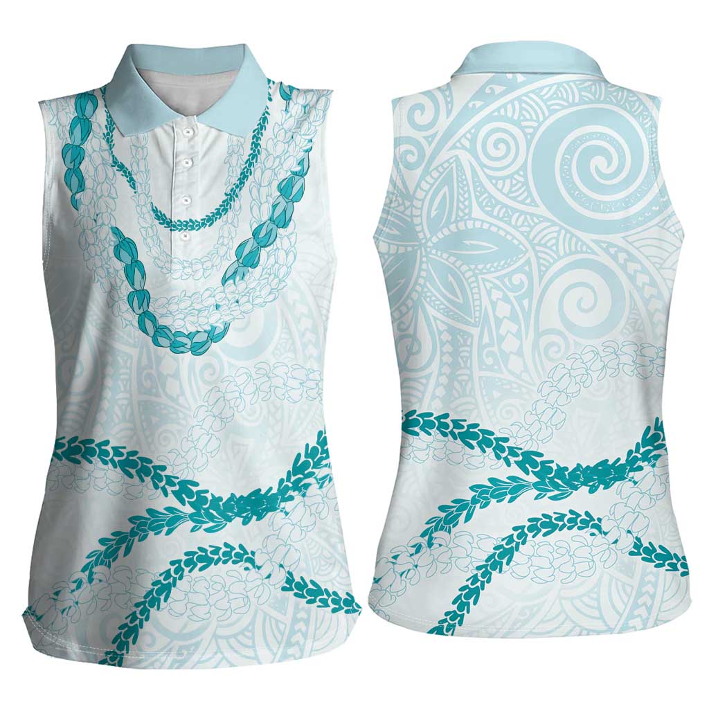 Aloha Lei Mikioi Women Sleeveless Polo Shirt Teal Polynesian Tribal Tatau Pattern