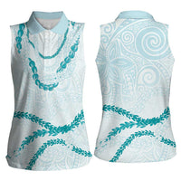 Aloha Lei Mikioi Women Sleeveless Polo Shirt Teal Polynesian Tribal Tatau Pattern