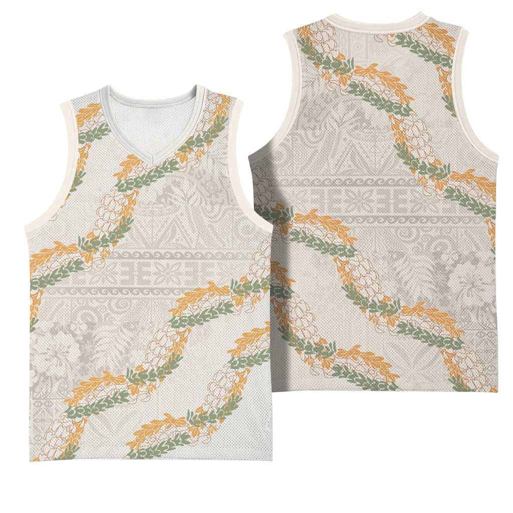 Aloha Pakalana and Puakenikeni Lei Basketball Jersey Beige Hawaiian Pattern LT9 - Polynesian Pride
