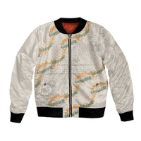 Aloha Pakalana and Puakenikeni Lei Bomber Jacket Beige Hawaiian Pattern