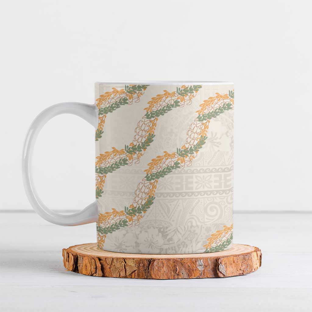 Aloha Pakalana and Puakenikeni Lei Ceramic Mug Beige Hawaiian Pattern - Polynesian Pride