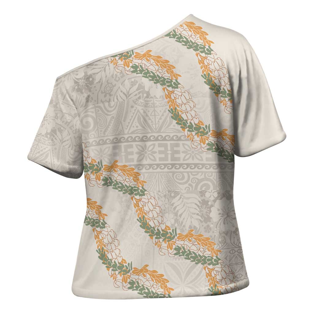 Aloha Pakalana and Puakenikeni Lei Cross Shoulder Shirt Beige Hawaiian Pattern LT9 - Polynesian Pride