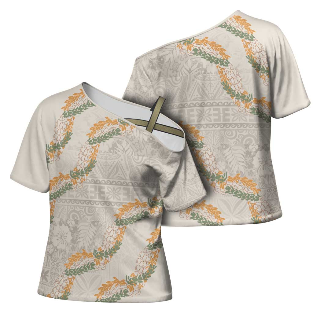 Aloha Pakalana and Puakenikeni Lei Cross Shoulder Shirt Beige Hawaiian Pattern LT9 - Polynesian Pride