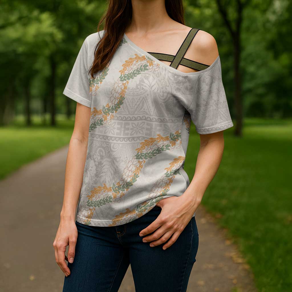 Aloha Pakalana and Puakenikeni Lei Cross Shoulder Shirt Beige Hawaiian Pattern LT9 - Polynesian Pride