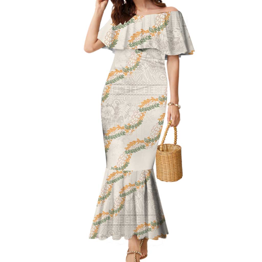 Aloha Pakalana and Puakenikeni Lei Family Matching Mermaid Dress and Hawaiian Shirt Beige Hawaiian Pattern