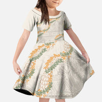 Aloha Pakalana and Puakenikeni Lei Family Matching Off The Shoulder Long Sleeve Dress and Hawaiian Shirt Beige Hawaiian Pattern