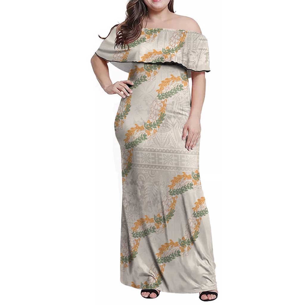 Aloha Pakalana and Puakenikeni Lei Family Matching Off Shoulder Maxi Dress and Hawaiian Shirt Beige Hawaiian Pattern