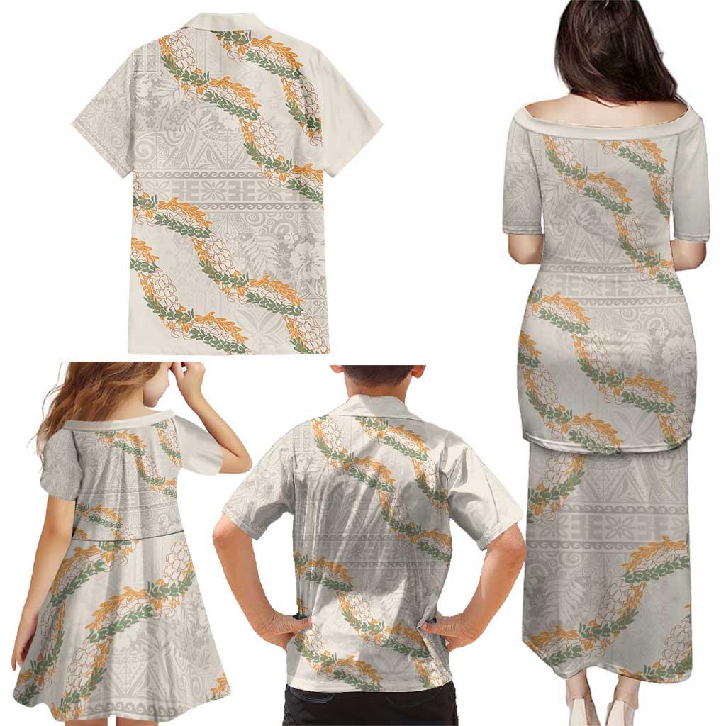 Aloha Pakalana and Puakenikeni Lei Family Matching Puletasi and Hawaiian Shirt Beige Hawaiian Pattern