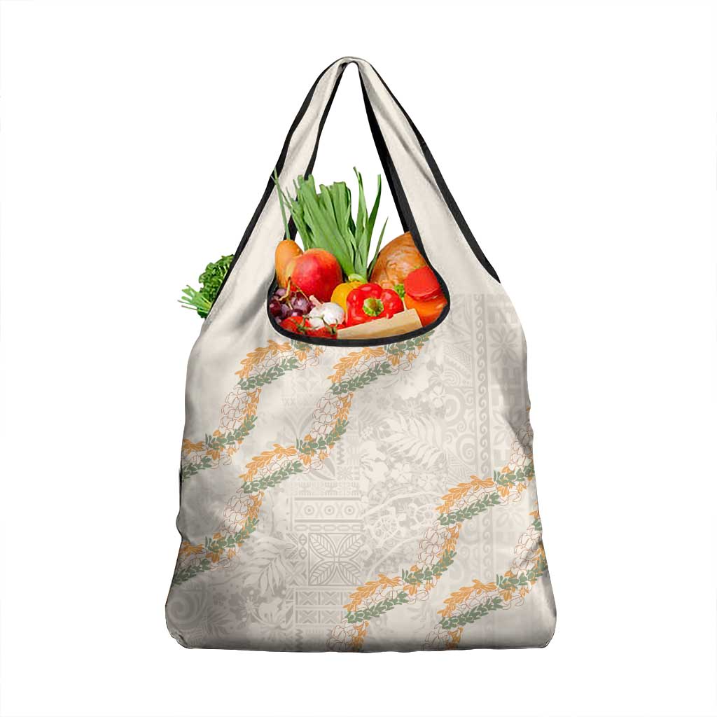 Aloha Pakalana and Puakenikeni Lei Grocery Bag Beige Hawaiian Pattern