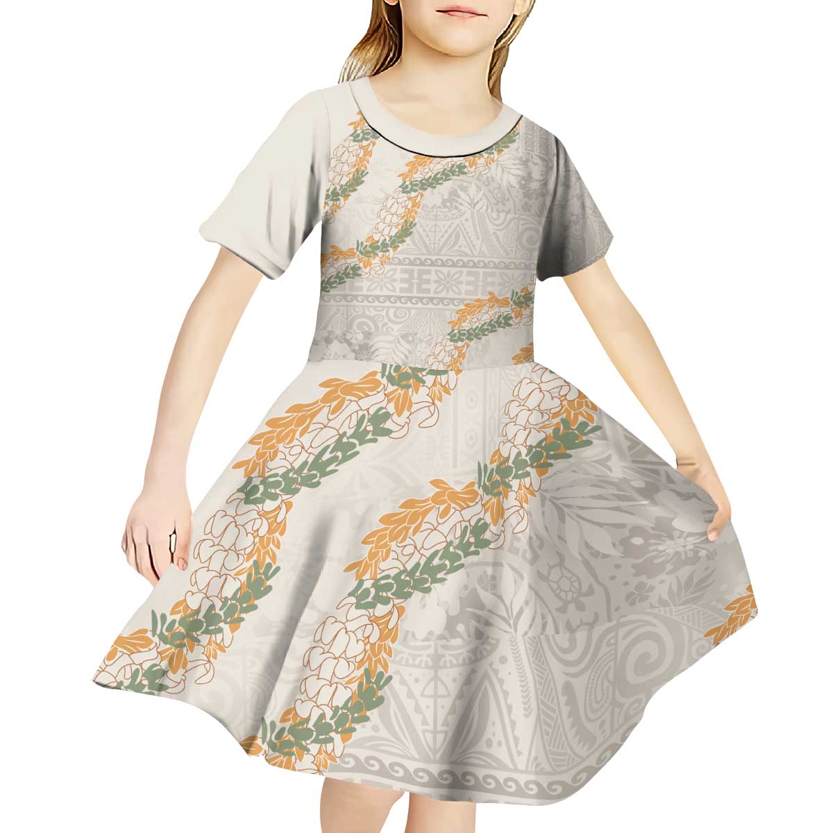 Aloha Pakalana and Puakenikeni Lei Kid Short Sleeve Dress Beige Hawaiian Pattern