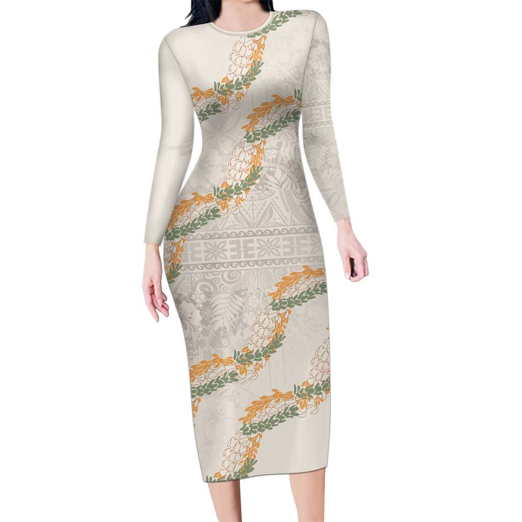 Aloha Pakalana and Puakenikeni Lei Long Sleeve Bodycon Dress Beige Hawaiian Pattern