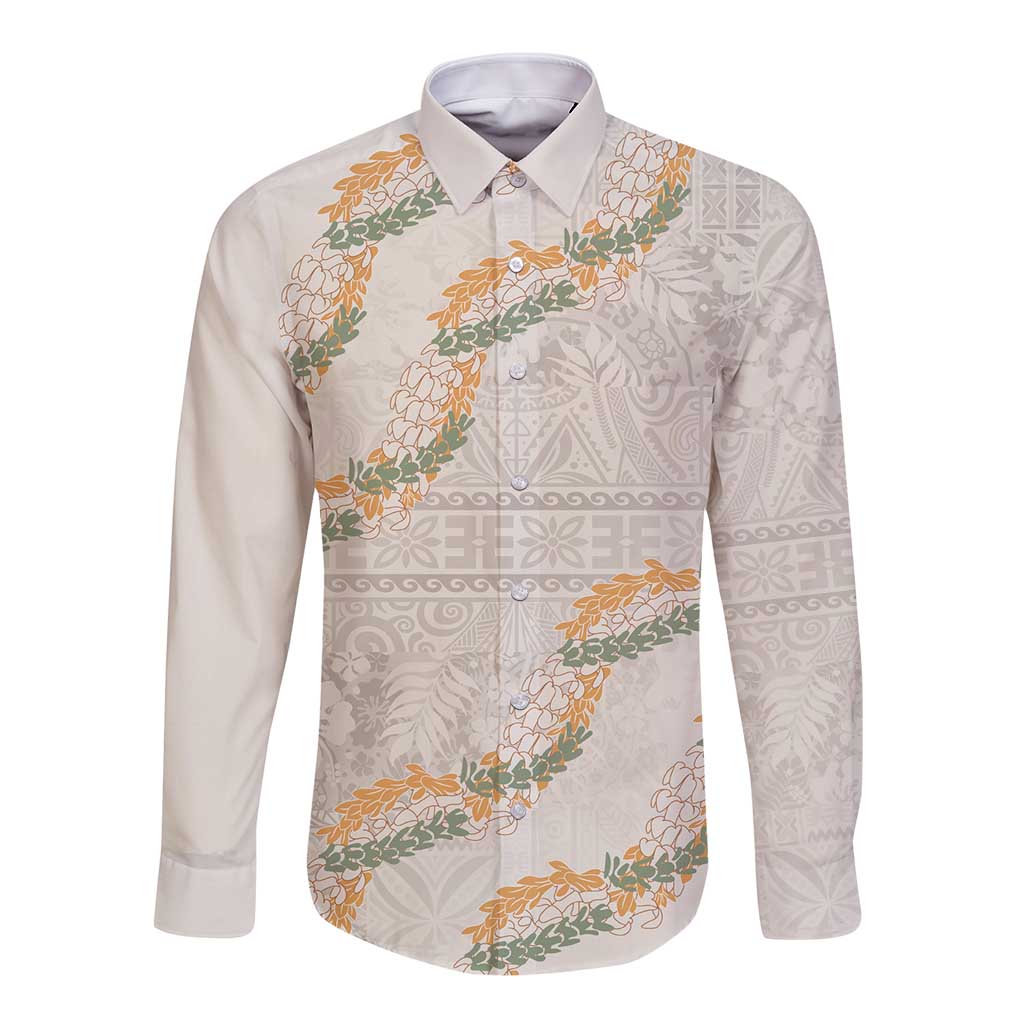 Aloha Pakalana and Puakenikeni Lei Long Sleeve Button Shirt Beige Hawaiian Pattern LT9 Unisex Beige - Polynesian Pride